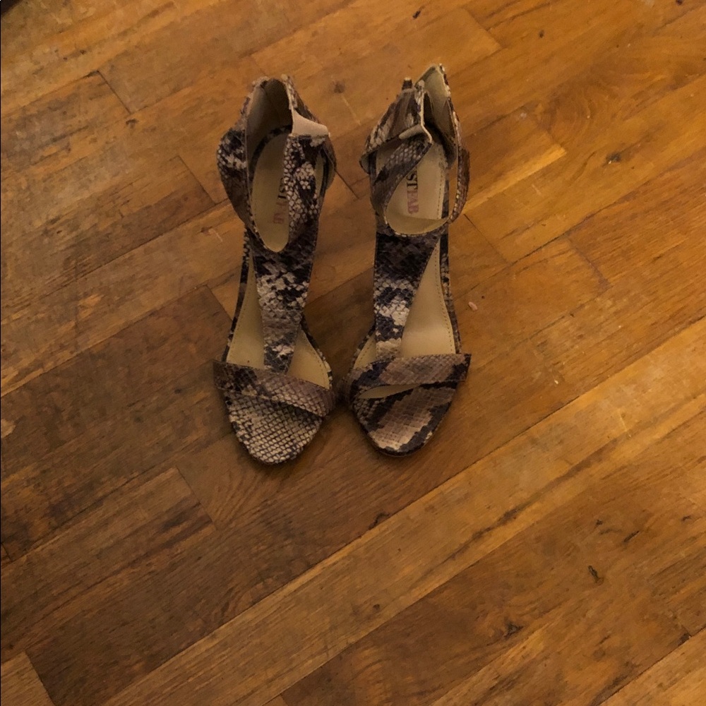 JustFab Snake-Print T-Strap Heels in Brown and Black